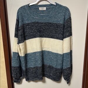 Zenana Women’s Striped Sweater - Blue, Black, and Cream Size XL